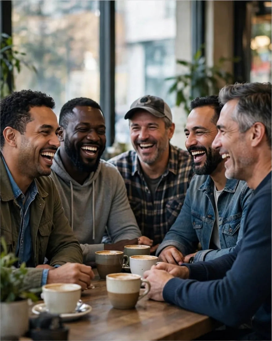 Cinco hombres de las Américas riendo alrededor de una mesa de café