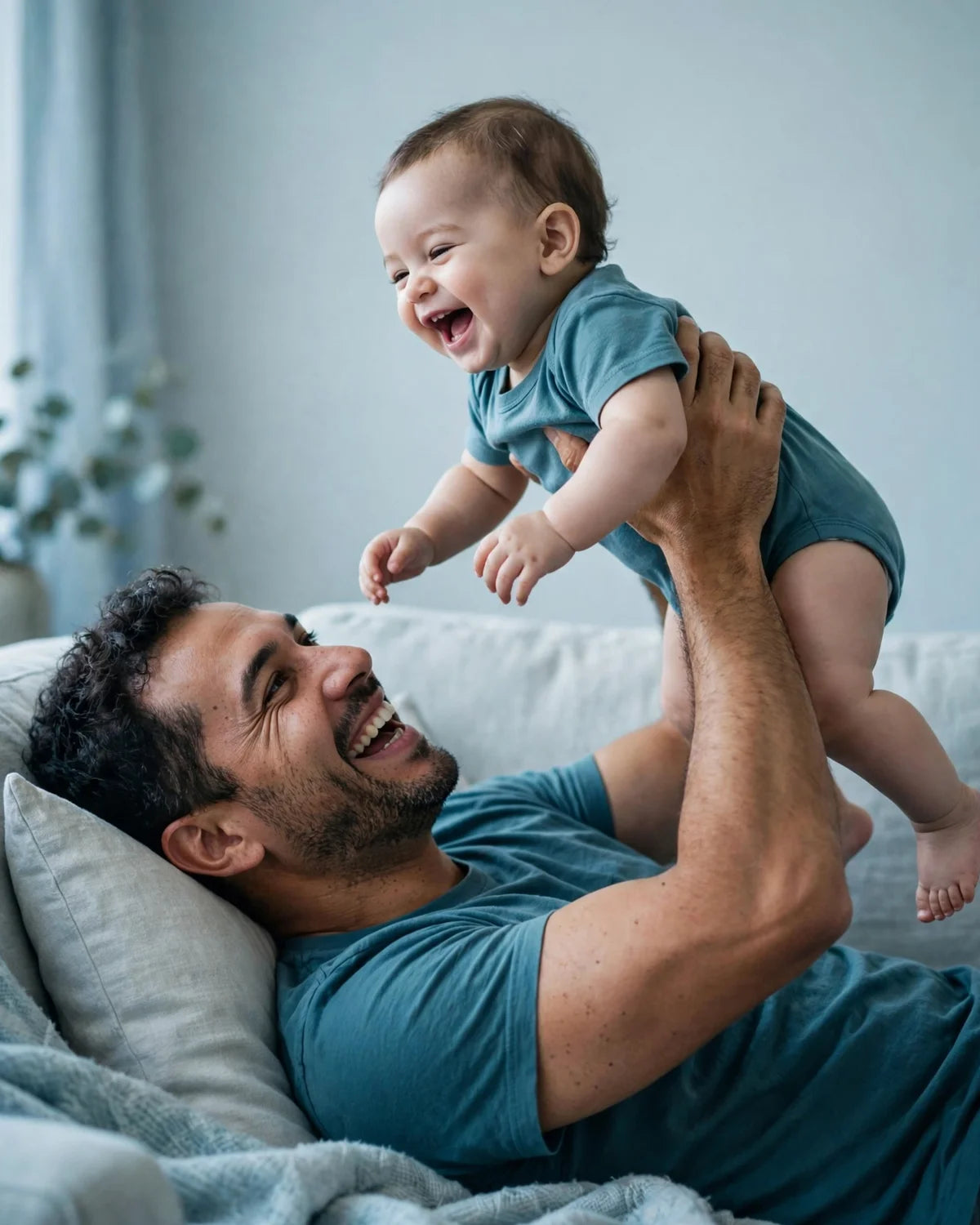 Un padre levanta a su bebé y los dos ríen — cuidar te hace más fuerte